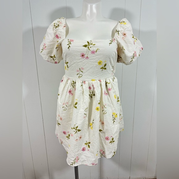 NWT Mi Ami Babydoll Floral Dress Sz L Puff Sleeve Cottagecore Tie Back Prairie - Picture 1 of 10